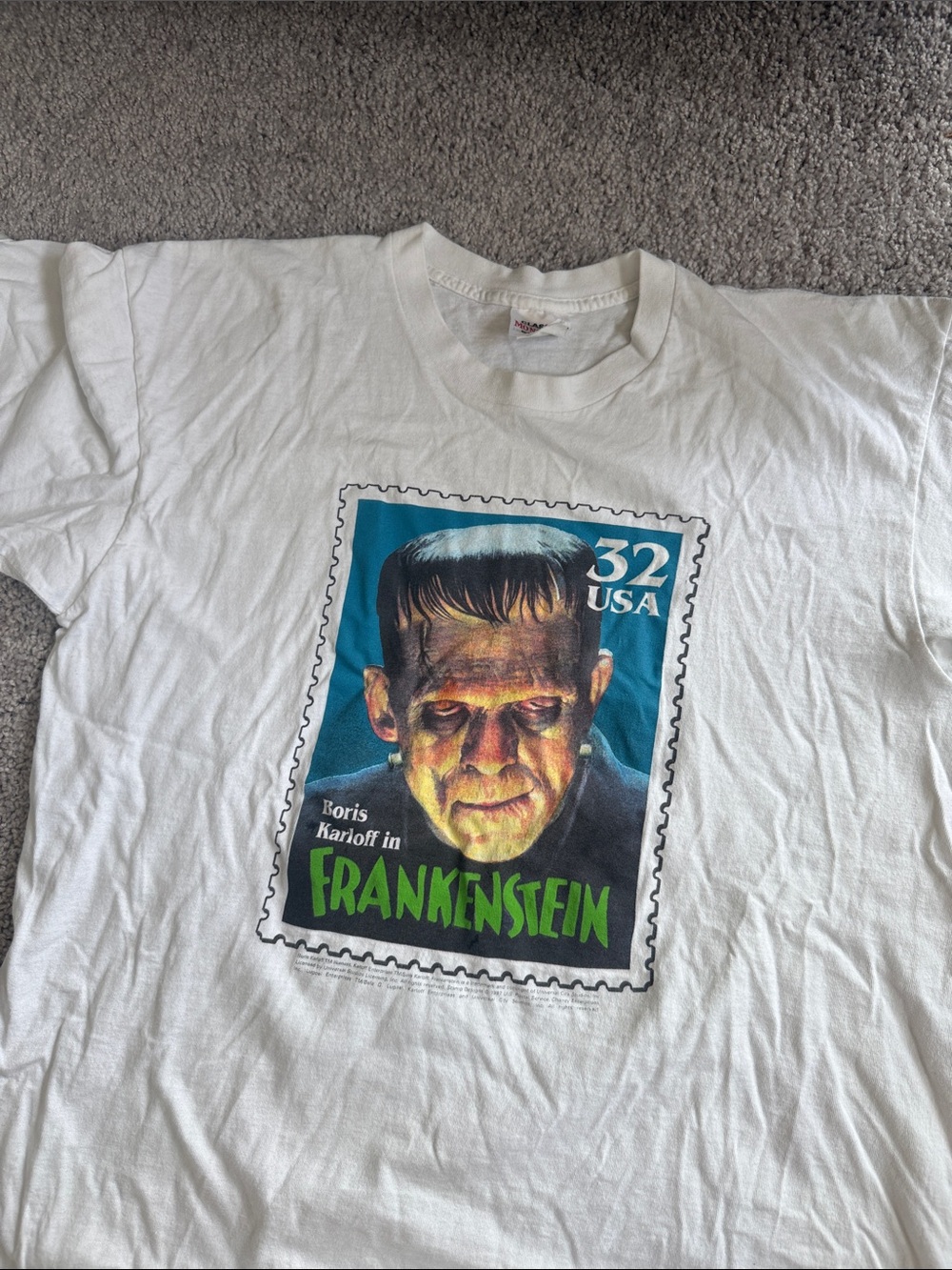 Vintage 1997 White Frankenstein Stamp Graphic Tee Size Large
